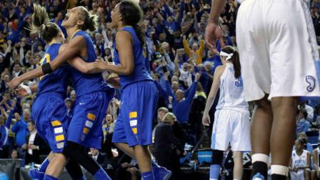 Delaware guards Lauren Carra, from left, Elena Delle Donne and Jaquetta May celebrate after winning a second-round game against North Carolina in the womens NCAA college basketball tournament in Newark, Del., Tuesday, March 26, 2013. Delaware won 78-69. (AP Photo/Patrick Semansky)