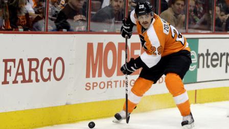 Philadelphia Flyers Harry Zolnierczyk skates during an NHL hockey game against the Montreal Canadiens, Friday, Nov. 25, 2011, in Philadelphia. (AP Photo/Matt Slocum)