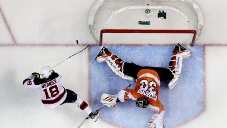 Philadelphia Flyers Ilya Bryzgalov (30), of Russia, blocks a shot by New Jersey Devils Steve Bernier (18) during the third period of an NHL hockey game, Thursday, April 18, 2013, in Philadelphia. New Jersey won 3-0. (AP Photo/Matt Slocum)