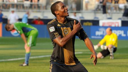 Philadelphia Union forward Danny Mwanga celebrates after scoring against the Seattle Sounders during the second half of a MLS soccer match, Sunday, June 27, 2010, in Chester, Pa. The Philadelphia Union played their first game today in their new stadium, hosting Seattle Sounders. Philadelphia won 3-1. (AP Photo/Barbara Johnston)