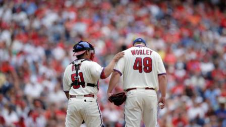 Philadelphia Phillies Vance Worley, right, and Carlos Ruiz during a baseball game against the Atlanta Braves, Sunday, July 8, 2012, in Philadelphia. (AP Photo/Matt Slocum)