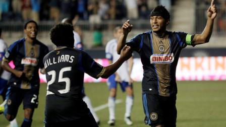 Philadelphia Unions Carlos Valdes, Sheanon Williams and Lionard Pajoy, from right, celebrate after Valdes goal in the second half of an MLS soccer match against the Montreal Impact, Saturday, July 14, 2012, in Chester, Pa. Philadelphia won 2-1. (AP Photo/Matt Slocum)