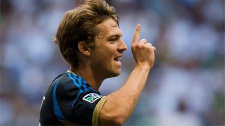 Philadelphia Unions Antoine Hoppenot celebrates after scoring against the Vancouver Whitecaps during the second half of an MLS soccer game in Vancouver, British Columbia, on Saturday, July 27, 2013. (AP Photo/The Canadian Press, Darryl Dyck)
