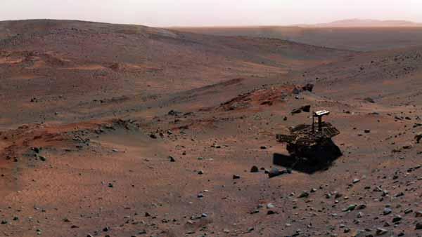 In this April 13, 2005 iimage provided by NASAs Jet Propulsion Laboratory shows a synthetic image of the Spirit Mars Exploration Rover on the flank of Husband Hill that was produced using Virtual Presence in Space technology. Five years after the NASA rover Spirit landed on Mars, the six-wheel robotic geologist and its twin, Opportunity, are still on the job.