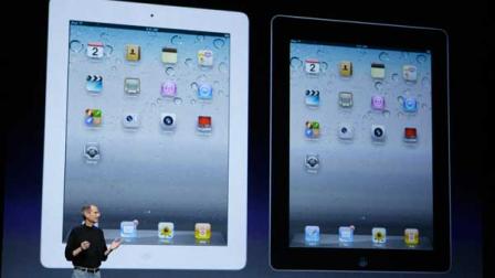 Apple Inc. Chairman and CEO Steve Jobs stands under images of the iPad 2 at an Apple event at the Yerba Buena Center for the Arts Theater in San Francisco, Wednesday, March 2, 2011. (AP Photo/Jeff Chiu)