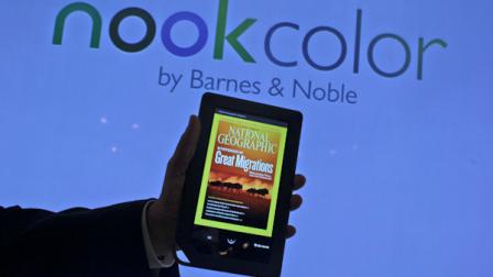 FILE - In this file photo taken Oct. 26, 2010, the Nook e-reader with a color touch screen is displayed during a news conference, in New York. (AP Photo/Mary Altaffer, file)