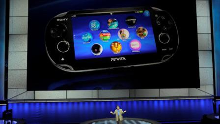 Kazuo Hirai, bottom, President and Chief Executive of Sony Computer Entertainment America, introduces the companys next generation portable gaming machine, Playstation Vita, during a news conference at the E3 Gaming Convention in Los Angeles, Monday, June 6, 2011. (AP Photo/Chris Pizzello)