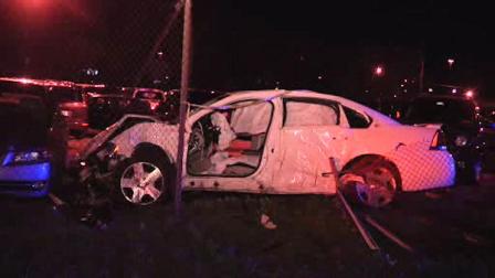 Police say the driver of this car died after striking a utility pole and several parked cars in Southwest Philadelphia early Monday morning.