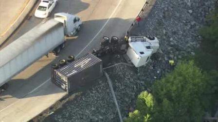 Chopper 6 flew above the Pa. Turnpike where a big rig flipped on the ramp from the westbound lanes heading toward Valley Forge, Pa.