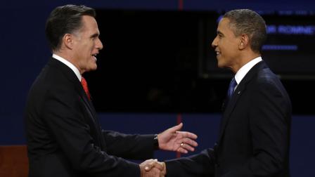 Republican presidential nominee Mitt Romney and President Barack Obama shake hands before the first presidential debate at the University of Denver, Wednesday, Oct. 3, 2012, in Denver.