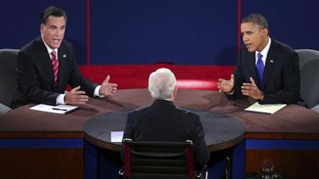 Republican presidential nominee Mitt Romney and President Barack Obama answer a question during the third presidential debate at Lynn University, Monday, Oct. 22, 2012, in Boca Raton, Fla. (AP Photo/Pool-Win McNamee)