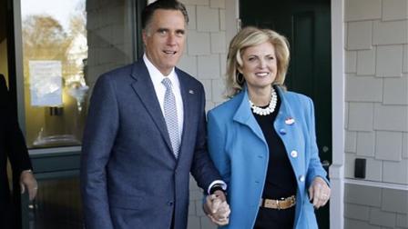 Republican presidential candidate, former Massachusetts Gov. Mitt Romney and his wife Ann Romney emerge after they voted in Belmont, Mass., Tuesday, Nov. 6, 2012. (AP Photo/Charles Dharapak)