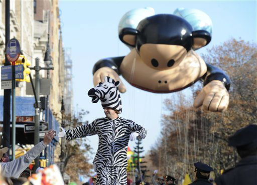 A zebra costumed marcher  is followed by the...