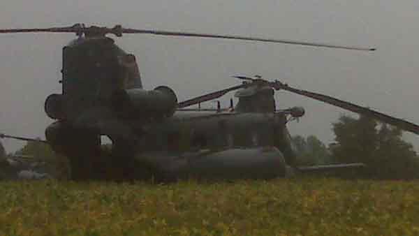 Chinook military helicopters make unexpected landing in Rolesville field. (Photo from eyewitness Tyler Williams)