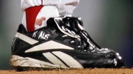 FILE - This Oct. 24, 2004 file photo shows blood around the ankle of Boston Red Sox pitcher Curt Schilling during the first inning of Game 2 of the World Series in Boston.