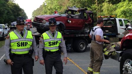 The accident happened at 8133 US 701 South in Johnston County. One person was pinned and airlifted to WakeMed, while two
were ejected and driven by ambulance