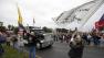 Protesters cheer as large trucks arrive at a rally at the World War II Memorial on the National Mall in Washington Sunday, Oct. 13, 2013.