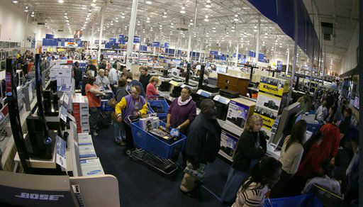 Long lines of customers snake though the aisles...