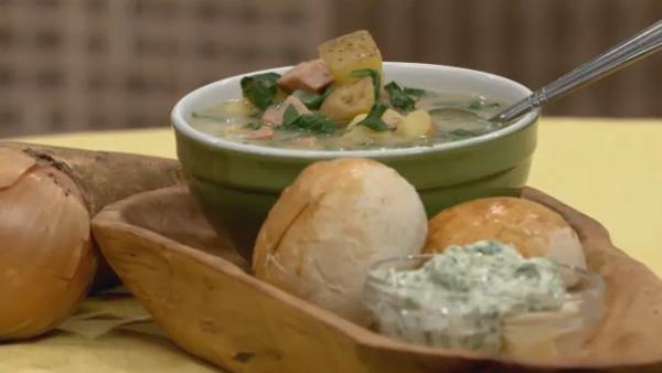 Onion, Potato, Spinach and Smoked Sausage Soup