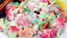 This is the perfect creamy potato salad to accompany Chef Jonathan Collins baby back ribs and cabbage slaw.